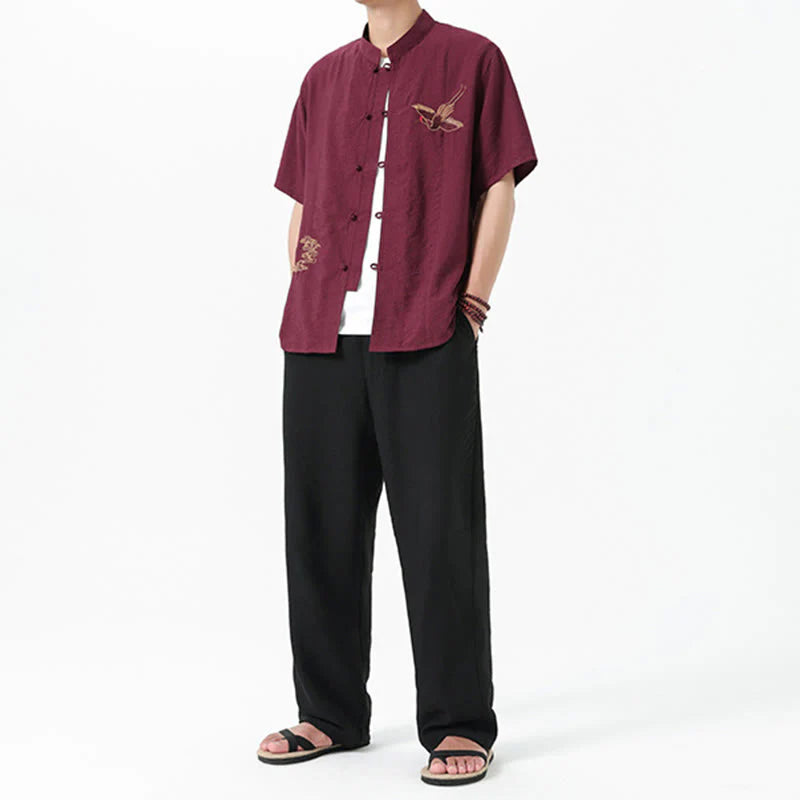 Buddha Stones Embroidery Buttons Half Sleeve Design Stand Collar Men's Cotton Shirt