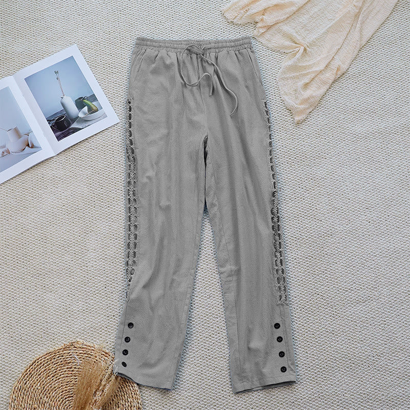 Buddha Stones Summer Plain Color Splicing Design Cotton Linen Women's Pants With Pockets