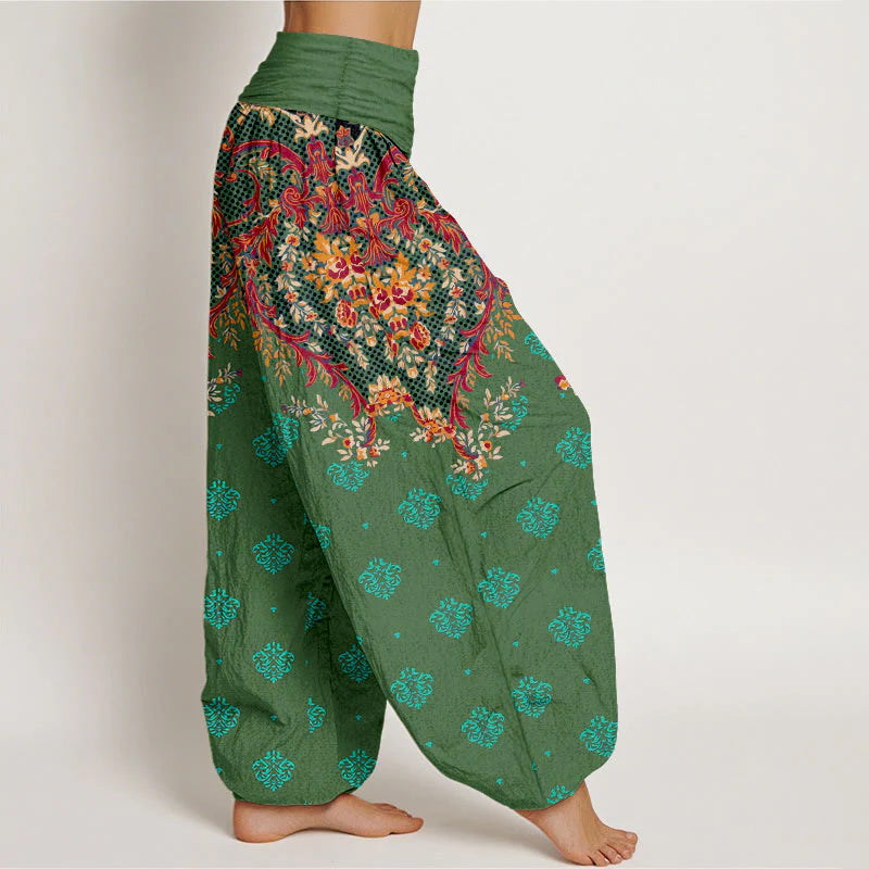 Buddha Stones Cotton Symmetrical Leaf  Scroll Pattern Women's Elastic Waist Harem Pants