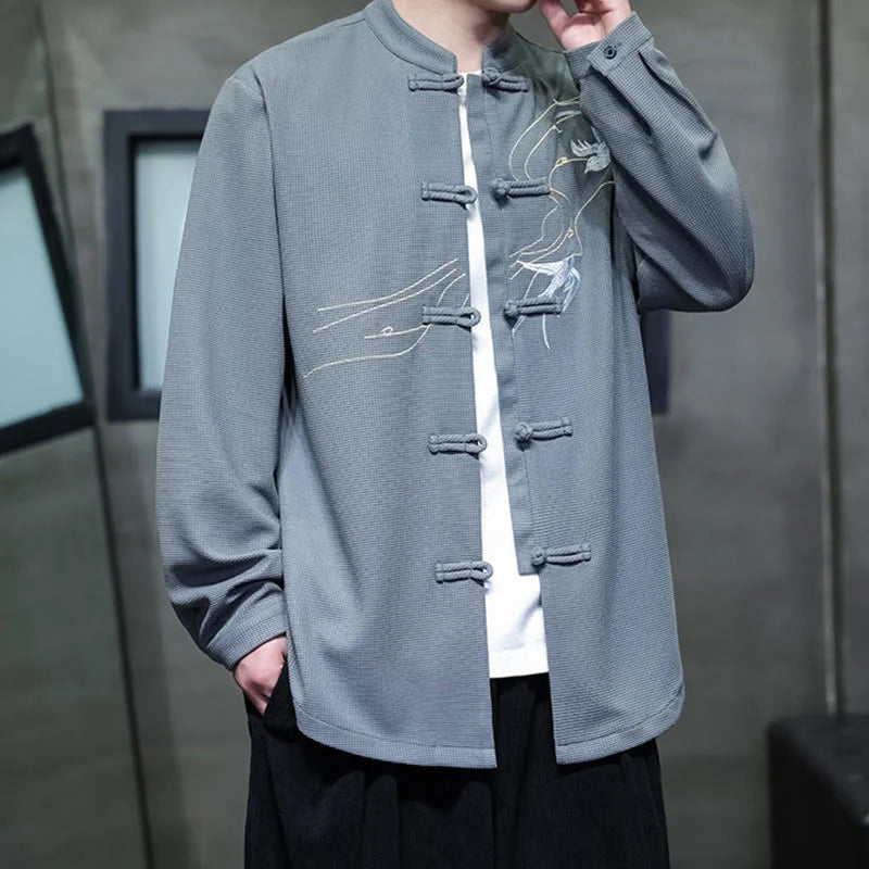 Buddha Stones Frog-Button Swallow Embroidery Stand Collar Long Sleeve Tang Suit Men's Shirt