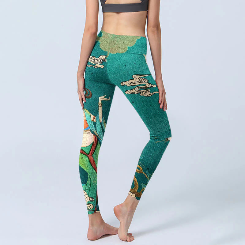 Buddha Stones Elegant Fairy Crane Cloud Pine Tree Pattern Print Gym Leggings Women's Yoga Pants