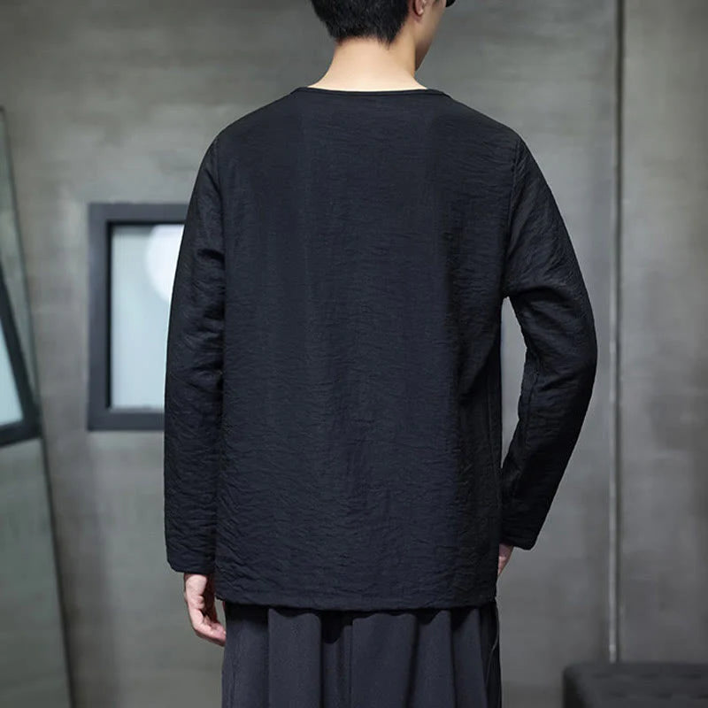 Buddha Stones Solid Color Loose Long Sleeve Round Neck Men's Shirts