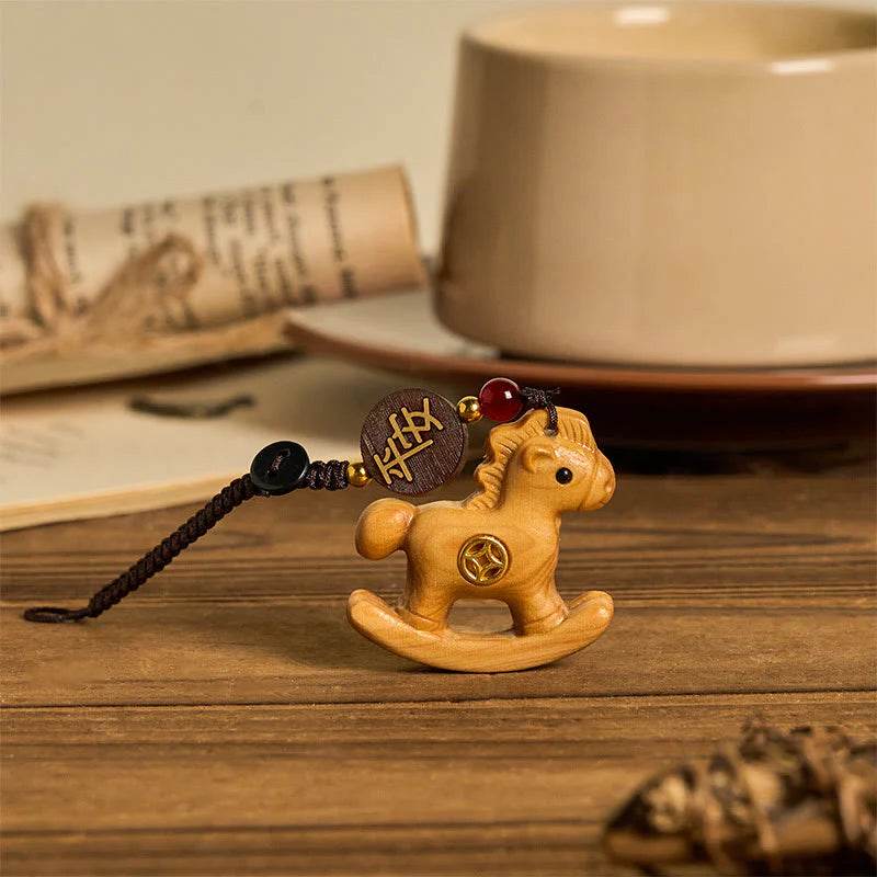 Buddha Stones Year of the Horse Rainbow Eucalyptus Small Leaf Red Sandalwood Linden Wood Ebony Carved Positive Key Chain