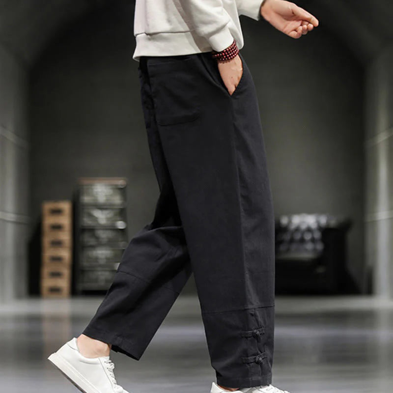Buddha Stones Drawstring Elastic Waist Frog-Button Ankle-Length Men's Cotton Pants With Pockets
