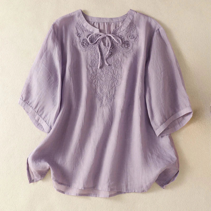 Buddha Stones Summer Embroidery Flower Lace-up Design Notched Collar Women's Short Sleeve Shirt