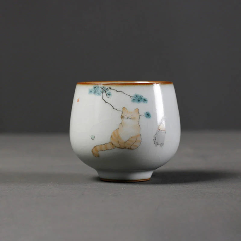 Buddha Stones Cute Cat Branches Teacup Kung Fu Tea Cup With Gift Box