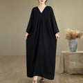 Buddha Stones Fall Pure Color V-Neck Long Sleeve Cotton Midi Dress