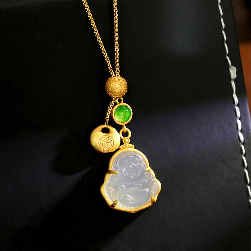 Buddha Stones Fu Character Laughing Buddha Chalcedony Copper Fortune Necklace Pendant