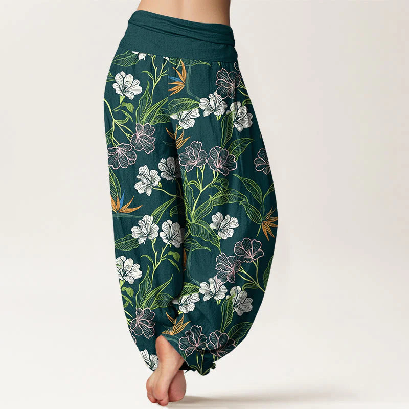 Buddha Stones Cotton Contrasting Colors Flower Leaf Pattern Women's Elastic Waist Harem Pants
