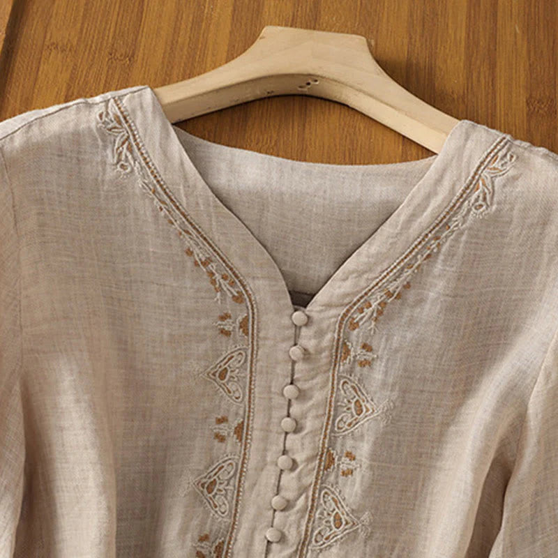 Buddha Stones Casual Embroidery Single Breasted Button Polyester Half Sleeve Women's V-neck Shirt