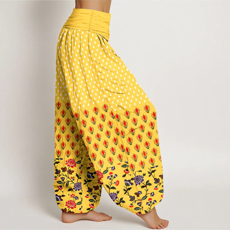 Buddha Stones Cotton Dots Red Purple Flower Pattern Women's Elastic Waist Harem Pants