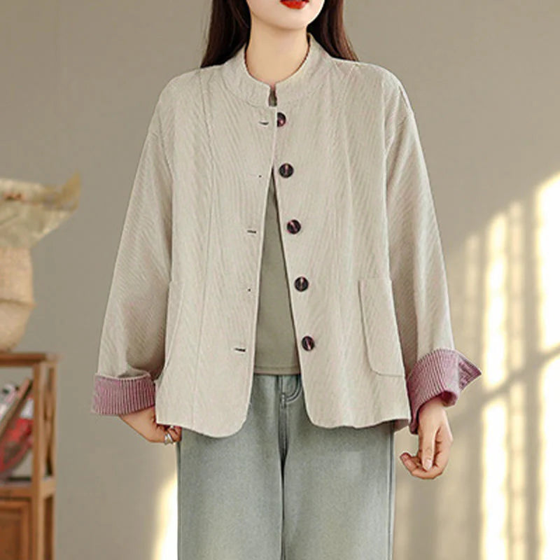 Buddha Stones Buttons Design Corduroy Long Sleeve Women's Jacket With Pockets