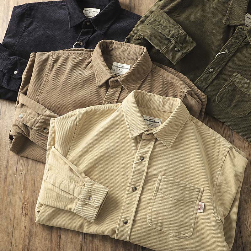 Buddha Stones Lapel Corduroy Solid Color Men's Long Sleeve Cotton Thickened Jacket With Pockets
