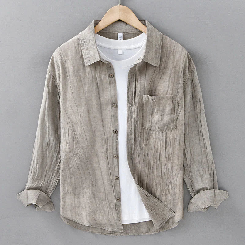 Buddha Stones Solid Long Sleeve Stand Collar Wrinkles Button Down Ramie Linen Men's Shirts
