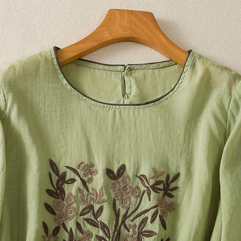 Buddha Stones Retro Embroidery Floral Three Quarter Sleeve Women's Cotton T-Shirt