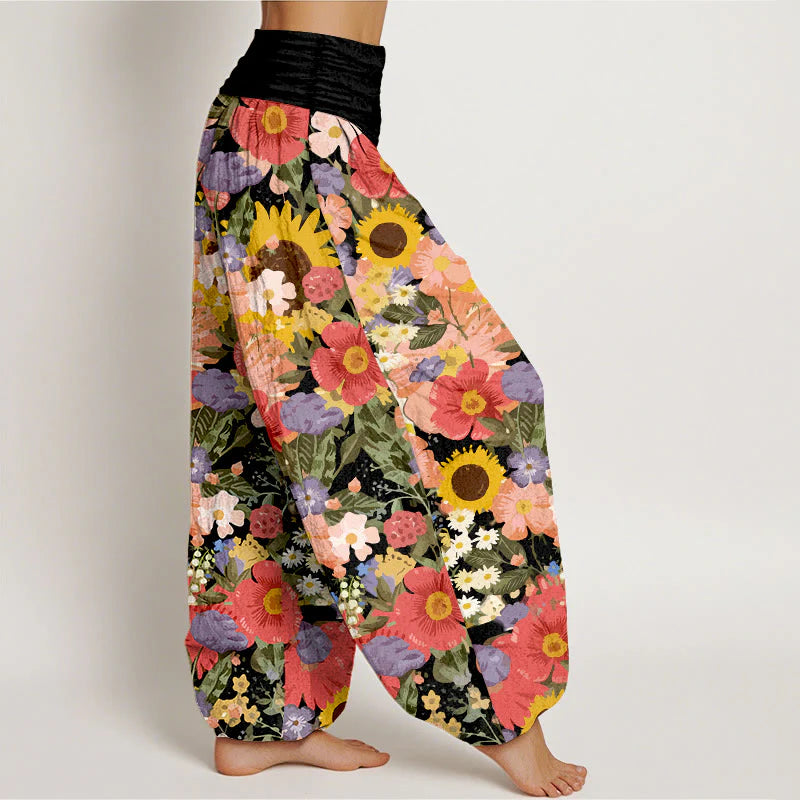 Buddha Stones Pure Cotton Colorful Sunflower Daisy Small Red Purple Flowers Pattern Women's Elastic Waist Harem Pants