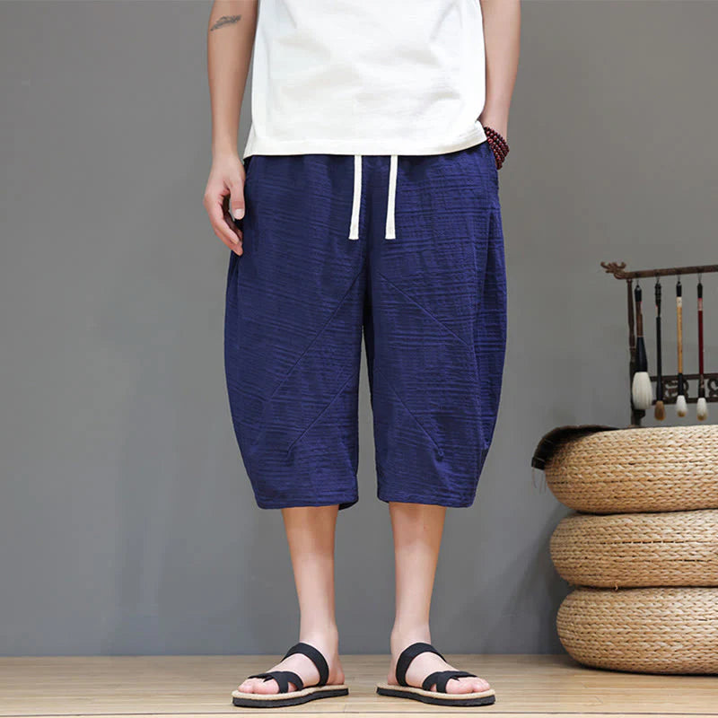 Buddha Stones Vintage Jacquard Solid Color Drawstring Cropped Cotton Linen Men's Harem Pants With Pockets