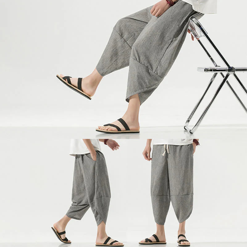 Buddha Stones Plain Simple Design Drawstring 7-8 Length Linen Men's Harem Pants With Pockets