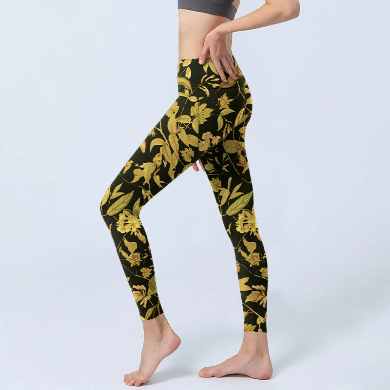 Buddha Stones Luxurious Flower Leaf Bird Pattern Print Gym Leggings Women's Yoga Pants