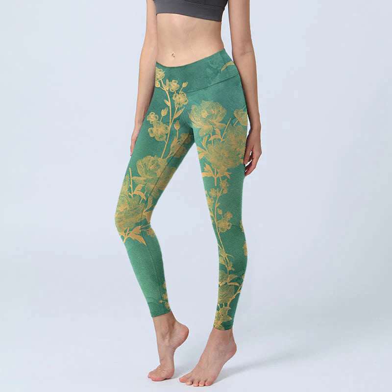 Buddha Stones Green Background Golden Branches Peony Flowers Pattern Print Gym Leggings Women's Yoga Pants