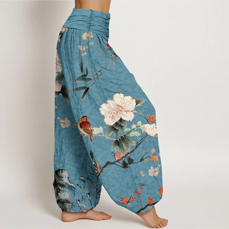 Buddha Stones Cotton Warbler Bird Blooming Flower Branches Mandala Pattern Women's Elastic Waist Harem Pants