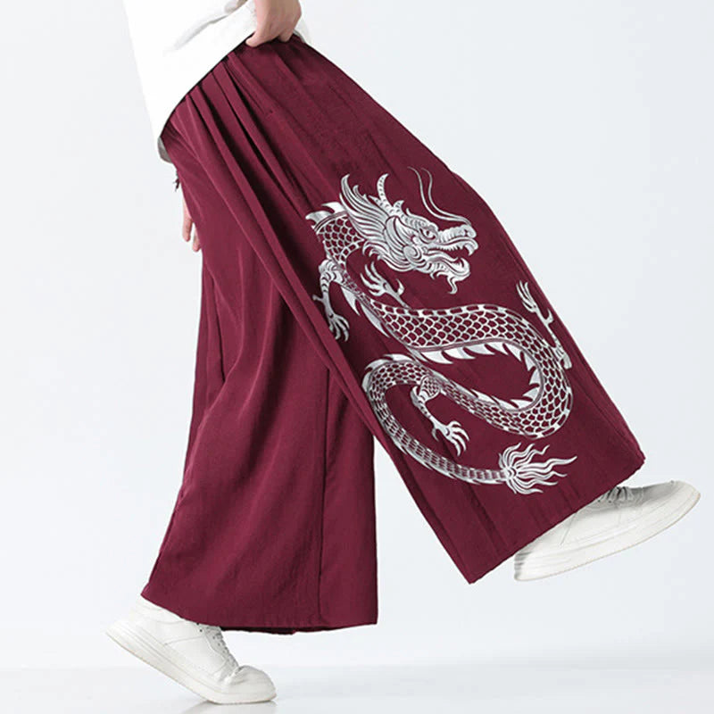 Buddha Stones Summer Dragon Drawstring Design Cotton Ankle-Length Men's Wide Leg Pants With Pockets