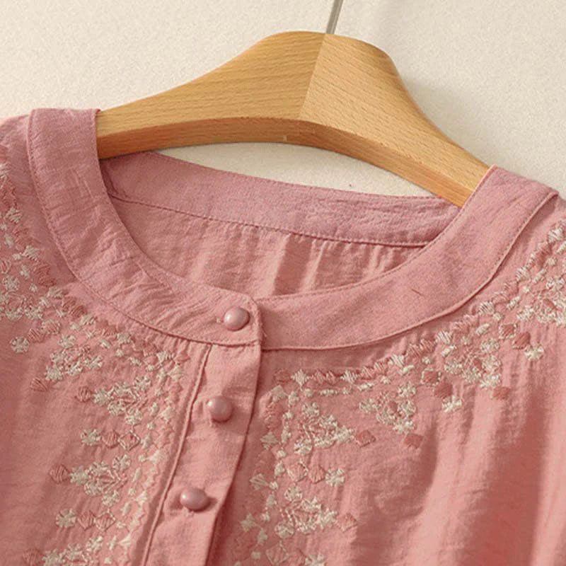 Buddha Stones Spring Embroidered Cotton Half Buttons Women's Short Sleeve Shirt