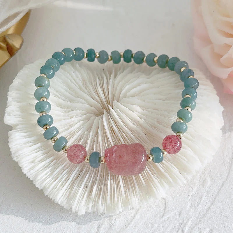 Buddha Stones Natural Hetian Jade Pearl Peace Buckle Fu Character Gourd Money Bag Strawberry Quartz PiXiu Luck Bracelet