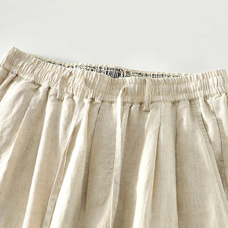 Buddha Stones Fall Solid Drawstring Elastic Waist Men's Linen Straight Leg Pants With Pockets