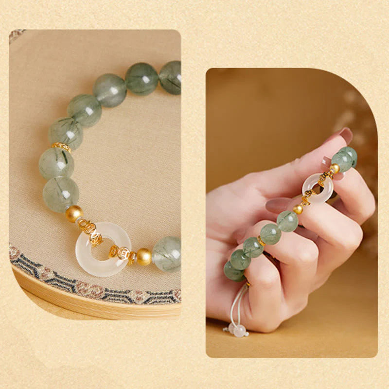 Buddha Stones 925 Sterling Silver Green Rutilated Quartz White Chalcedony Peace Buckle Courage Bracelet