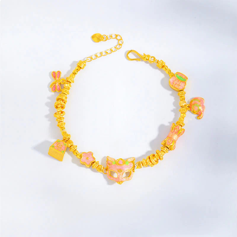 Buddha Stones 24k Gold Plated Brass Fox Fu Character Ruyi Charm Luck Bracelet
