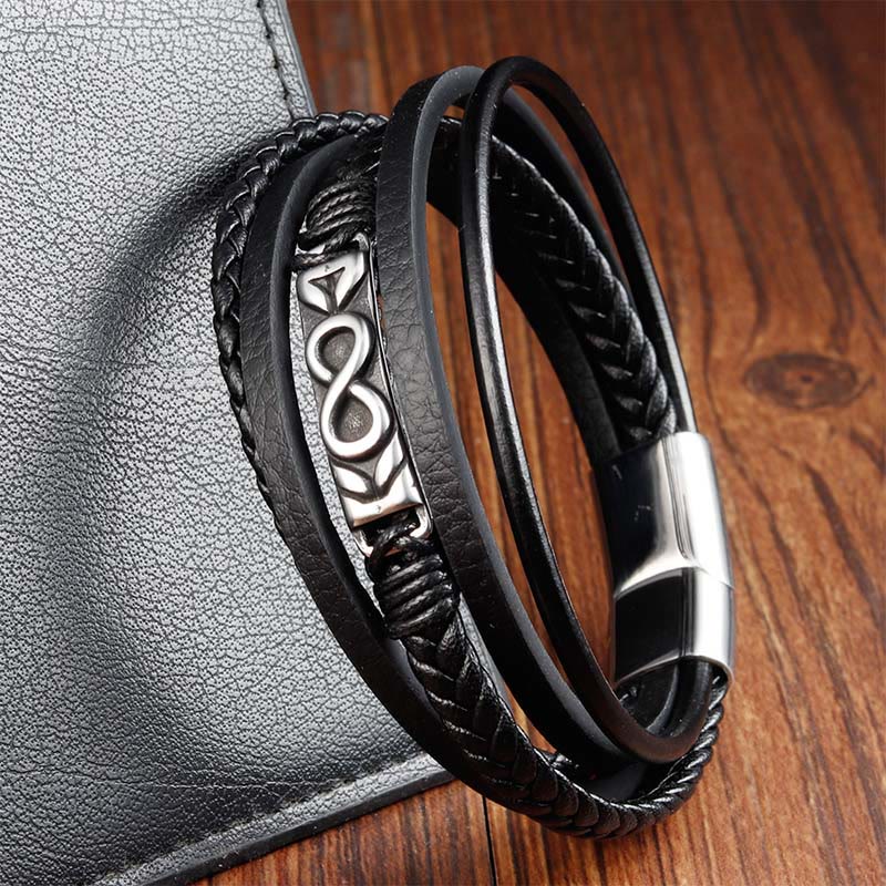 Buddha Stones Titanium Steel Balance Multi-Layered Leather Figure-Eight Bracelet
