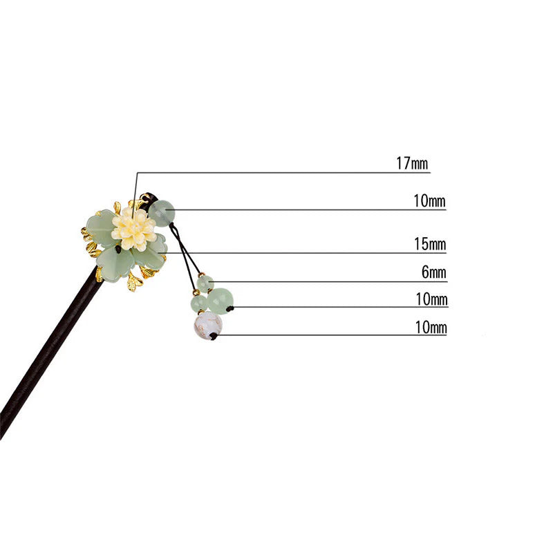 Buddha Stones Green Yellow White Flower Liuli Glass Wood Hairpin