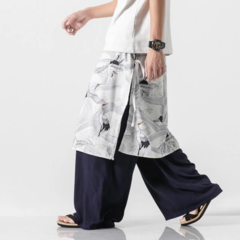 Buddha Stones Summer Flying Crane Design Cotton Men's Wide Leg Pants With Pockets