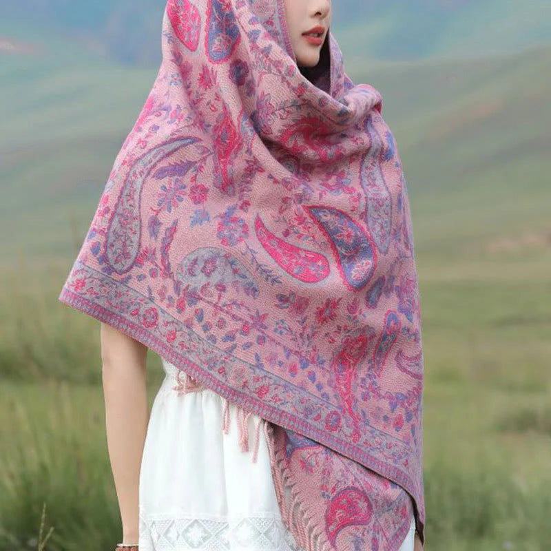 Buddha Stones Ethnic Embroidered Paisley Flowers Pattern Tassel Soft Scarf Shawl