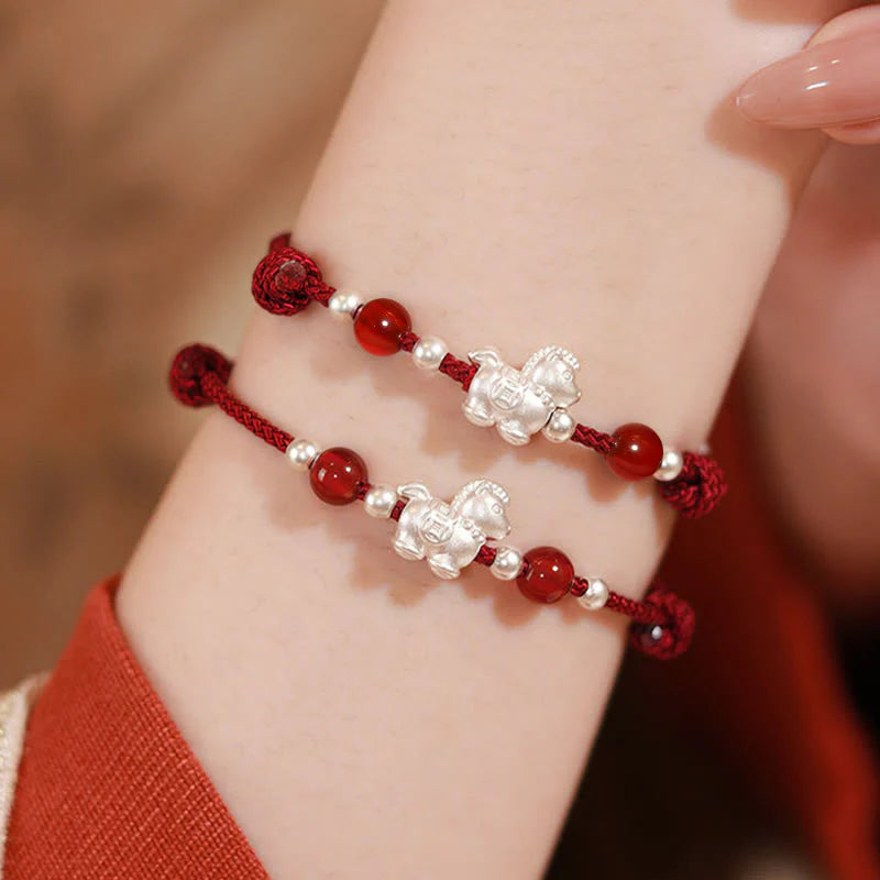 Buddha Stones 999 Sterling Silver Red Agate Year Of The Horse Prosperity String Bracelet