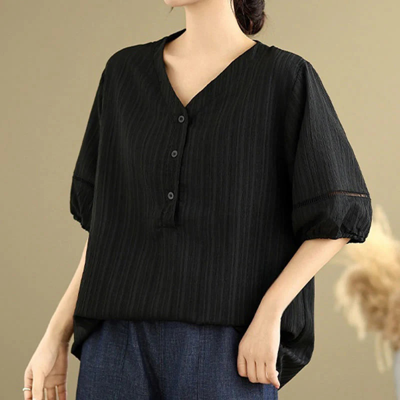 Buddha Stones Casual Plain Button V-Neck Women's Polyester Short Sleeve Shirt