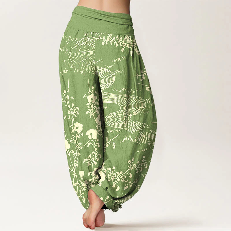 Buddha Stones Pure Cotton Simple Flowers Stream Pattern Women's Elastic Waist Harem Pants