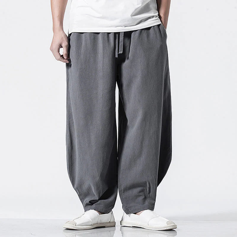 Buddha Stones Drawstring Elastic Waist Ankle-Length Men's Cotton Pants With Pockets