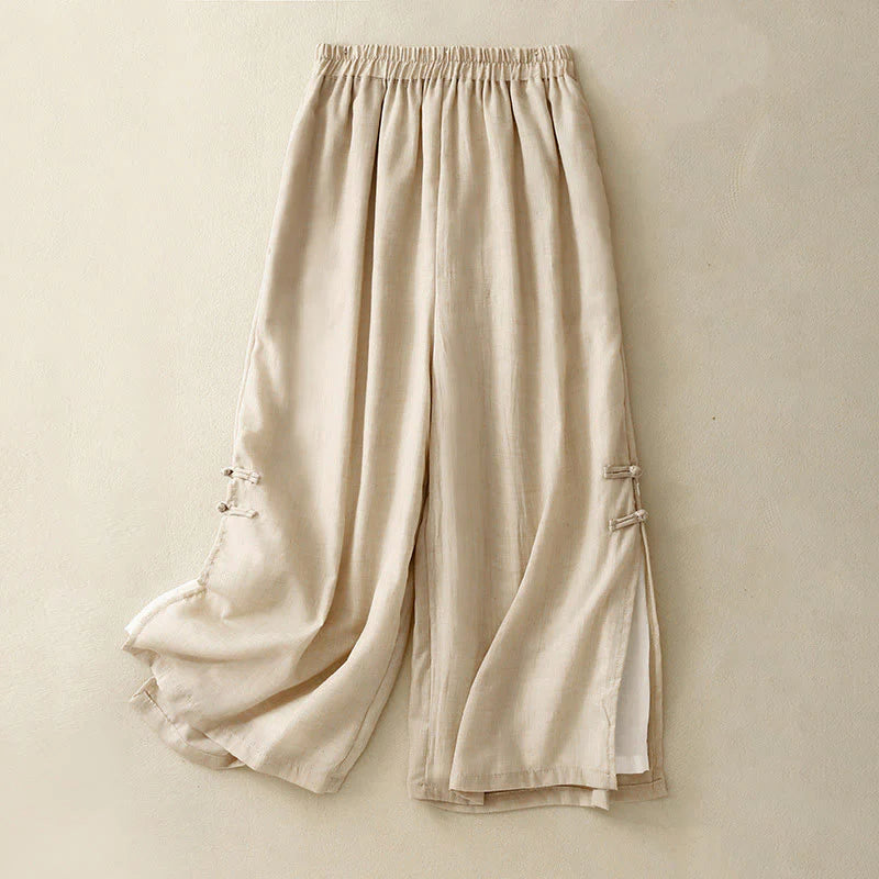 Buddha Stones Frog-Button Hem Slit Design Women's Wide Leg Cotton Linen Pants With Pockets