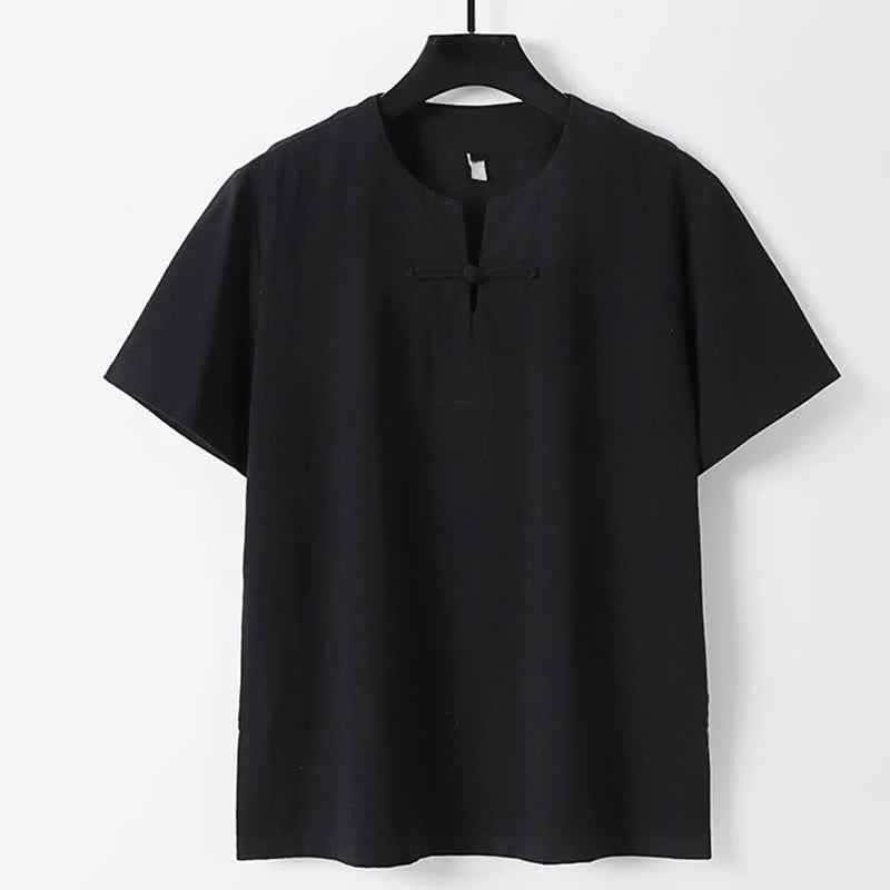 Buddha Stones Solid Color Frog-Button Short Sleeve Notched Collar Men's Cotton Linen T-Shirt