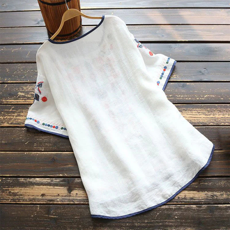 Buddha Stones Retro Artistic Embroidery Floral Pattern Crew Neck Women's Cotton Linen Short Sleeve T-Shirt