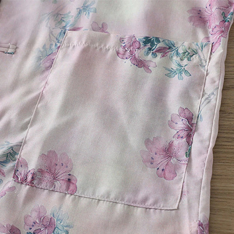 Buddha Stones Fall Purple Floral Green Leaves Print Frog-Button Stand Collar Long Sleeve Women's Cotton Shirt