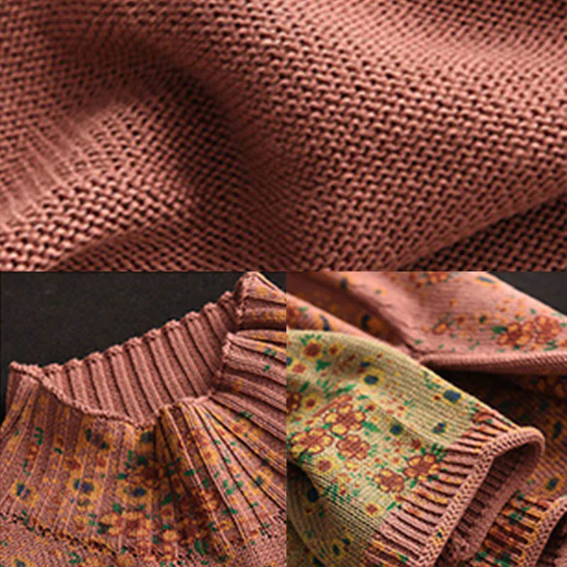 Buddha Stones Fall Printing Floral Long Sleeve Mock Neck Women's Knitted Cotton Sweater
