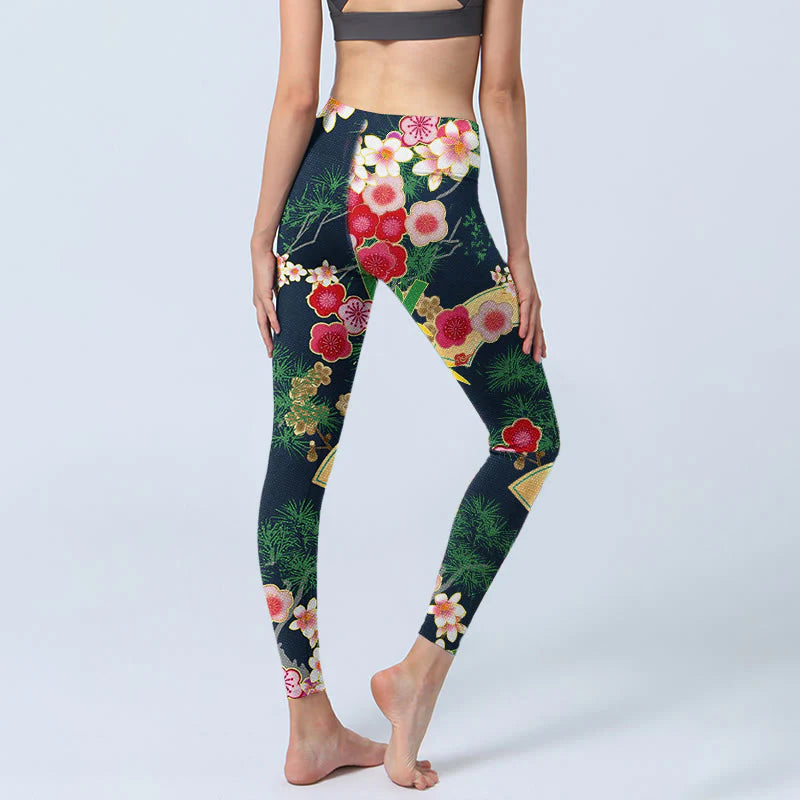 Buddha Stones Cherry Blossoms Bamboo Pine Tree Print Gym Leggings Women's Yoga Pants