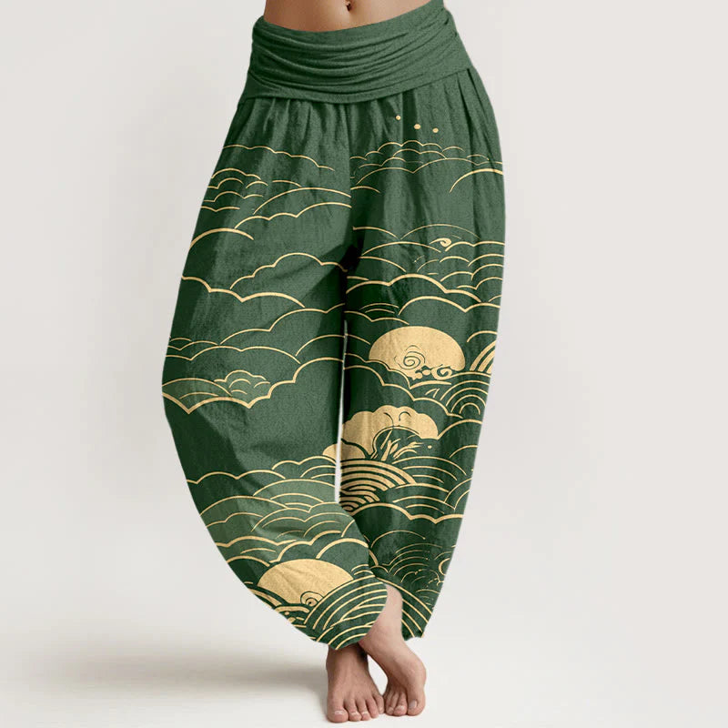 Buddha Stones Cotton Classical Clouds Spiral Pattern Women's Elastic Waist Harem Pants