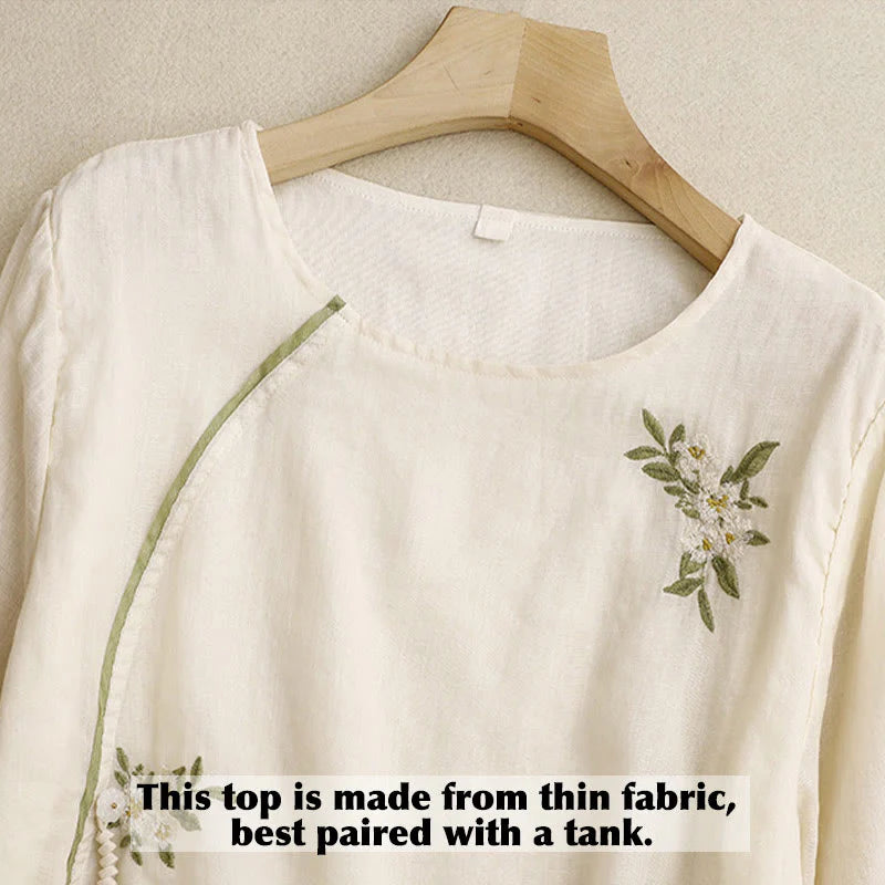 Buddha Stones Beige Floral Green Leaf Embroidery Crew Neck Three Quarter Sleeve Women's Cotton Shirt
