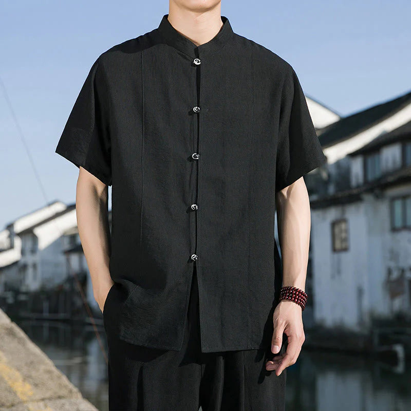 Buddha Stones Summer Solid Color Front Button Design Men's Half Sleeve Cotton Shirt