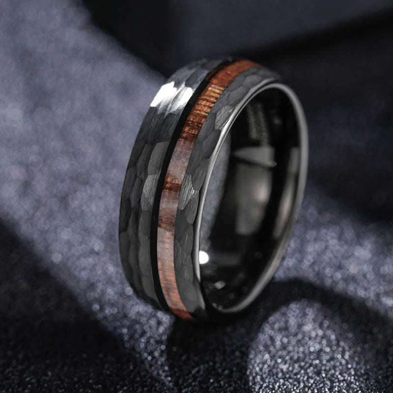 Buddha Stones Hammered Texture Inlay Tungsten Steel Endurance Ring