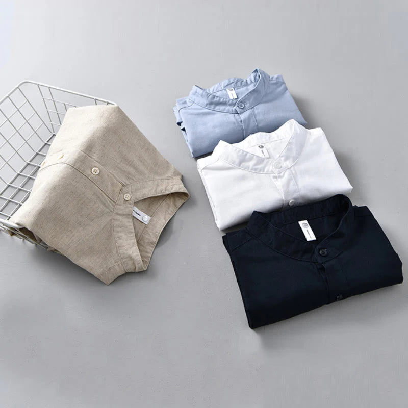 Buddha Stones Summer Solid Color Men's Half Button Short Sleeve Cotton Linen Shirt